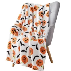Kate Aurora Halloween Pumpkins Bats Rustic Orange & White Ultra Soft & Plush Throw Blankets