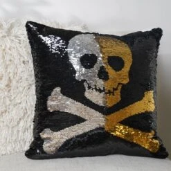 18"x18" Skull And Crossbones Halloween Square Throw Pillow Gold/Silver/Black - Lush Décor -Halloween Home Decor Store GUEST 36d8385b 721f 4249 a7dd 0f4094092b27