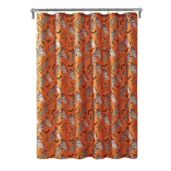 Kate Aurora Halloween Accents Kitty Witches & Broomsticks Festive Orange Fabric Shower Curtain - Standard Size