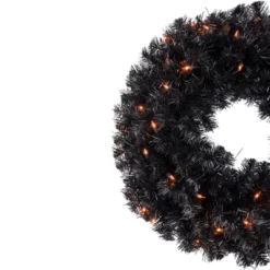 Northlight Pre-Lit Black Noble Spruce Artificial Halloween Wreath, 24-Inch, Orange Lights -Halloween Home Decor Store GUEST ffe6304d 7ff1 4237 9fed ae6b502279ad
